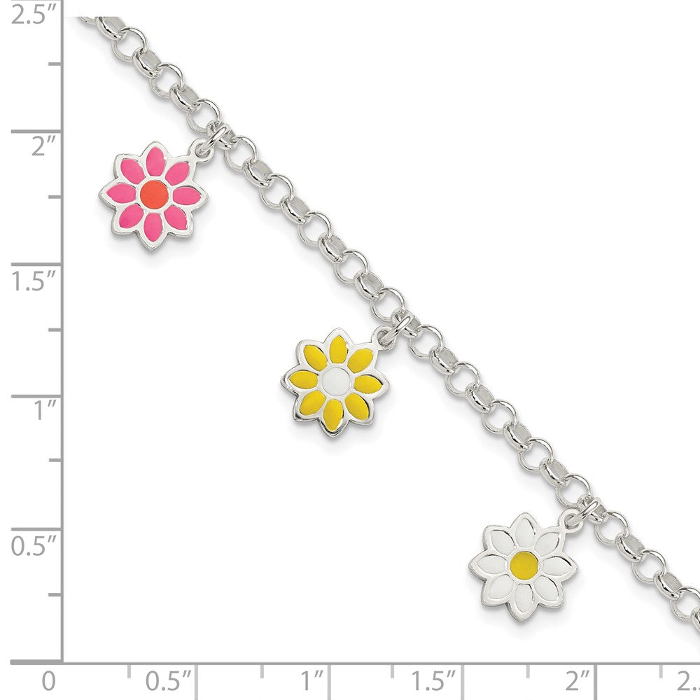 6 Zoll Sterlingsilber Poliert Mehrfarbig Emaille Blumen Kinder Armband