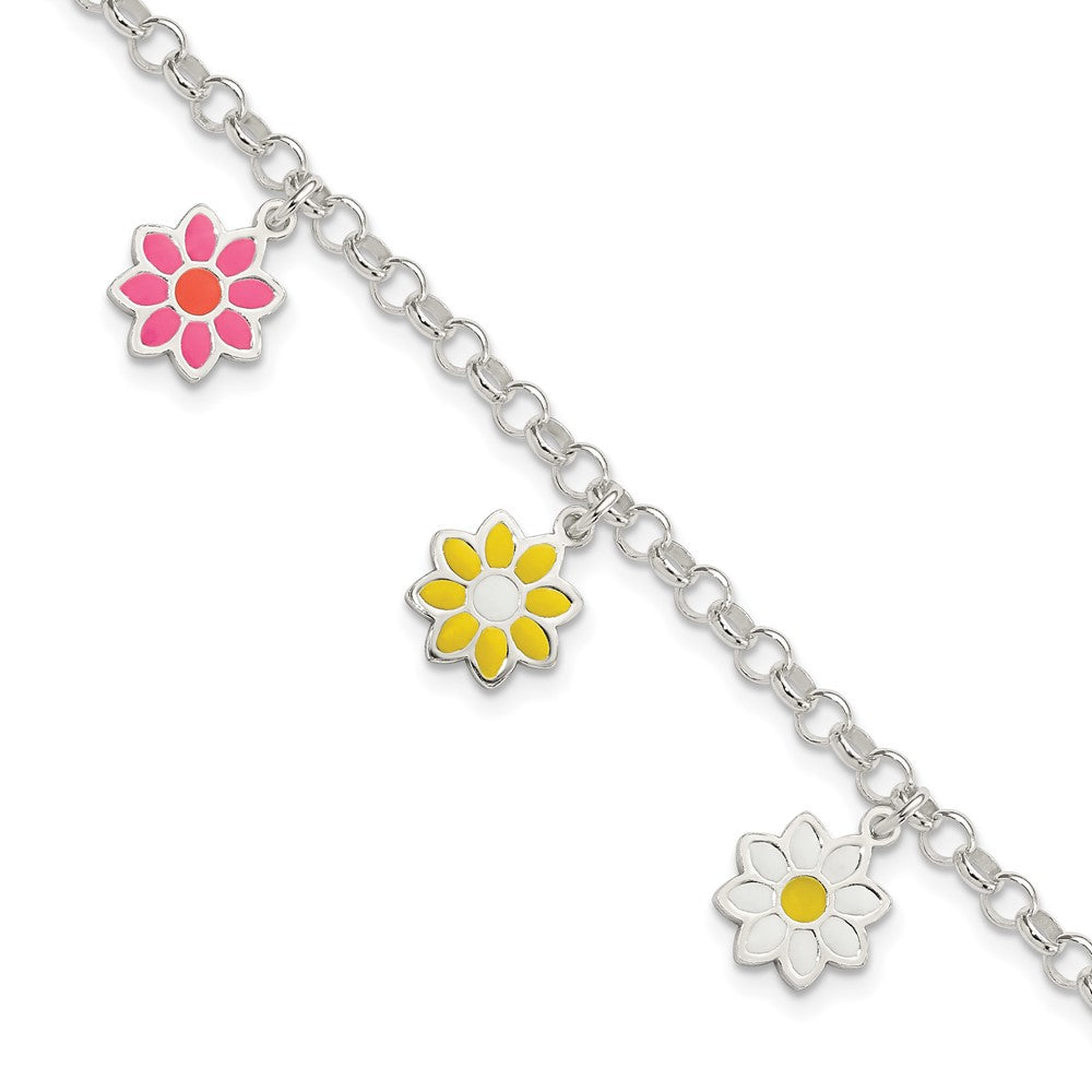 6 Zoll Sterlingsilber Poliert Mehrfarbig Emaille Blumen Kinder Armband