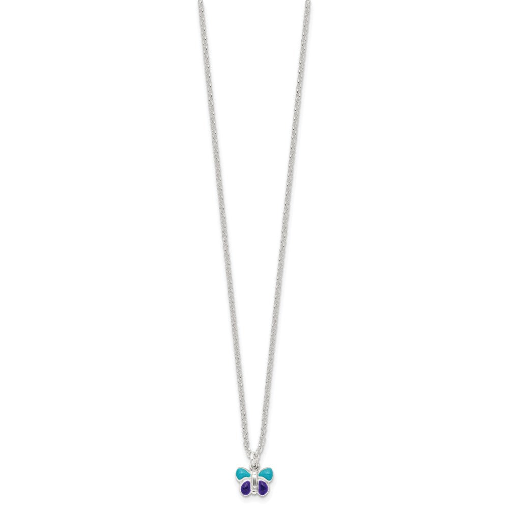 Sterlingsilber Poliert Blau & Lila Emailliert Schmetterling mit 1.5inch Verlängerung Kinder Halskette