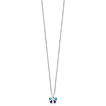 Sterlingsilber Poliert Blau & Lila Emailliert Schmetterling mit 1.5inch Verlängerung Kinder Halskette
