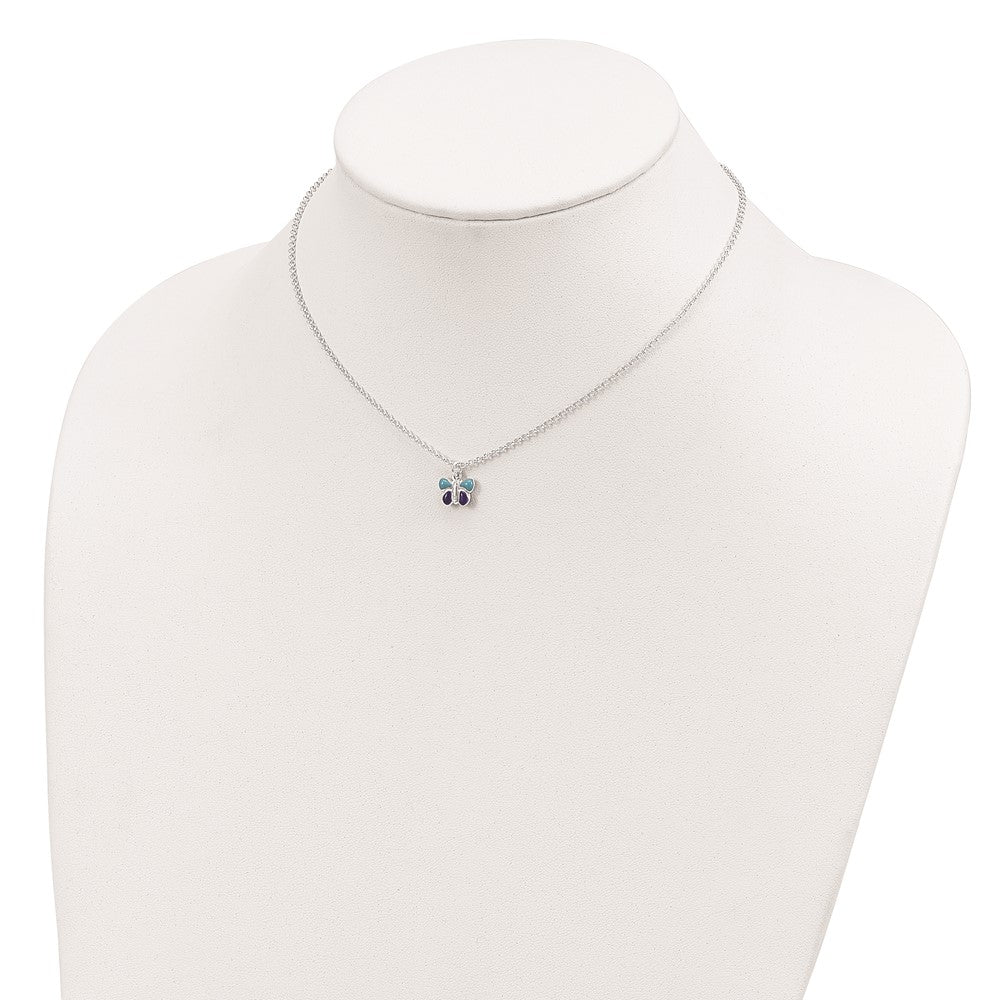 Sterlingsilber Poliert Blau & Lila Emailliert Schmetterling mit 1.5inch Verlängerung Kinder Halskette