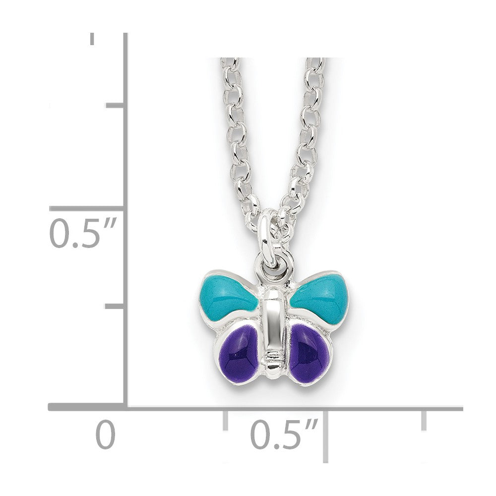 Sterlingsilber Poliert Blau & Lila Emailliert Schmetterling mit 1.5inch Verlängerung Kinder Halskette