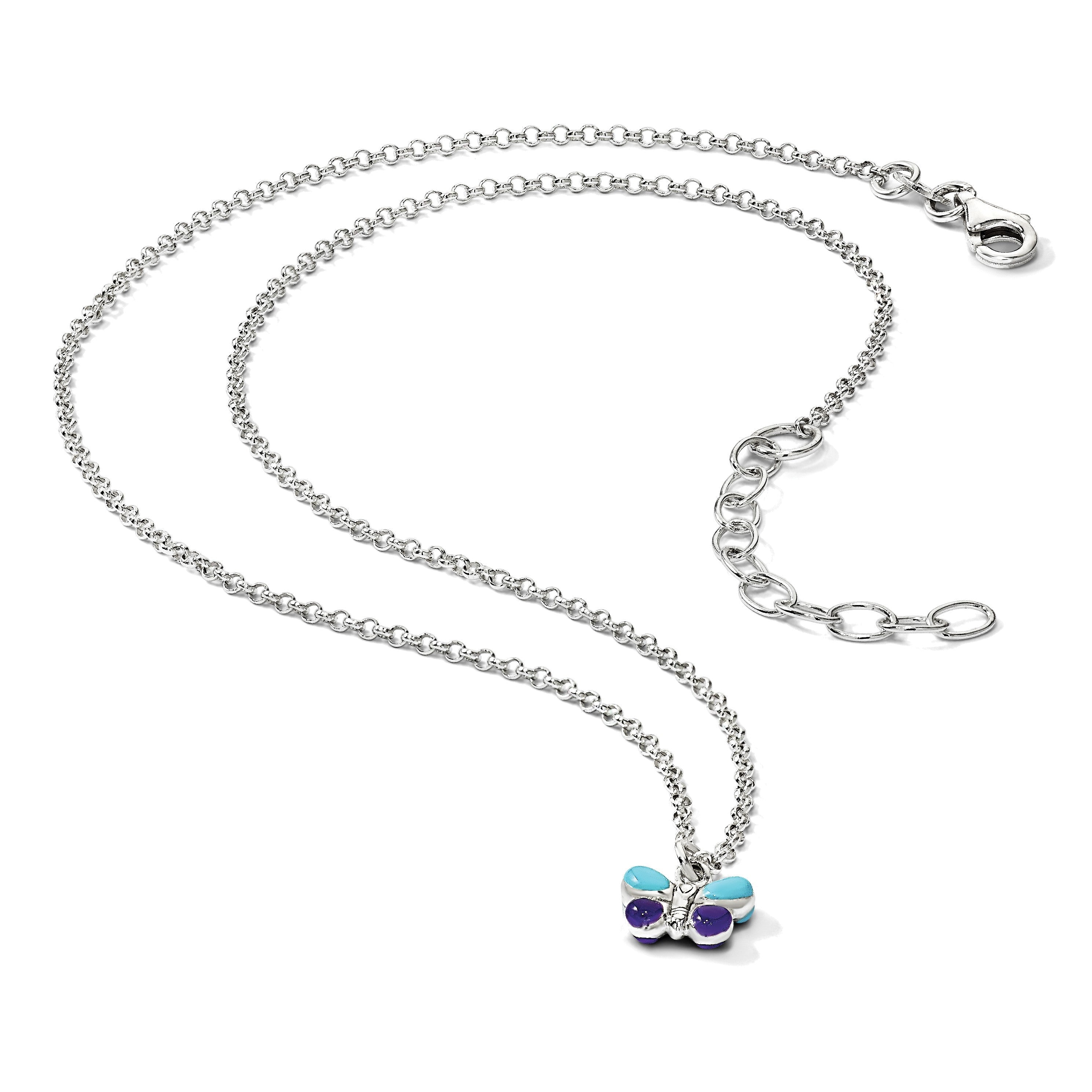 Sterlingsilber Poliert Blau & Lila Emailliert Schmetterling mit 1.5inch Verlängerung Kinder Halskette