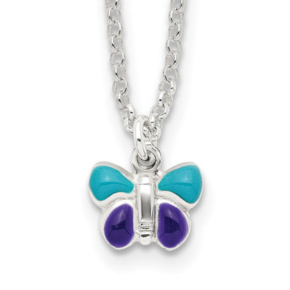 Sterlingsilber Poliert Blau & Lila Emailliert Schmetterling mit 1.5inch Verlängerung Kinder Halskette