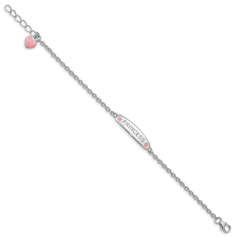 7 Zoll Sterlingsilber Rhodiniert Poliert & Rosa Emailliert Princess mit 1 Verlängerung Kinder Armband