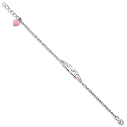 7 Zoll Sterlingsilber Rhodiniert Poliert & Rosa Emailliert Princess mit 1 Verlängerung Kinder Armband