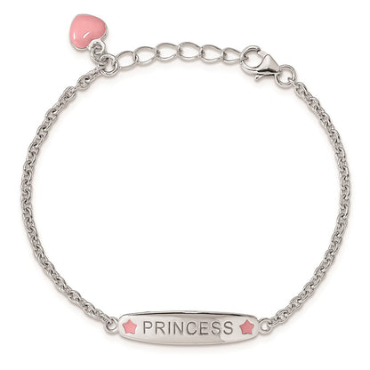 7 Zoll Sterlingsilber Rhodiniert Poliert & Rosa Emailliert Princess mit 1 Verlängerung Kinder Armband