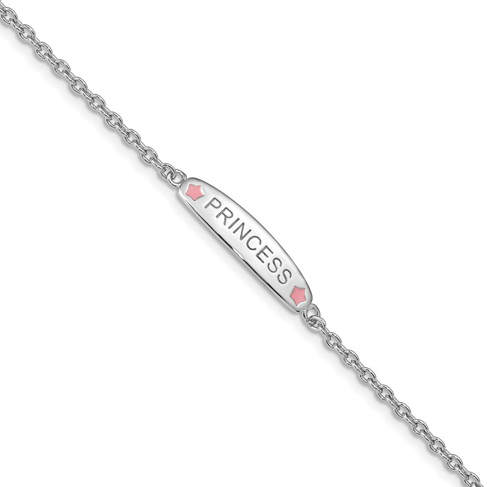 7 Zoll Sterlingsilber Rhodiniert Poliert & Rosa Emailliert Princess mit 1 Verlängerung Kinder Armband