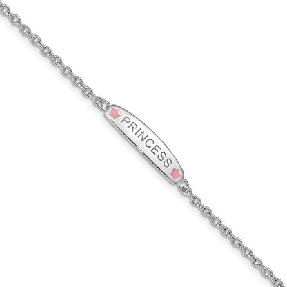 7 Zoll Sterlingsilber Rhodiniert Poliert & Rosa Emailliert Princess mit 1 Verlängerung Kinder Armband