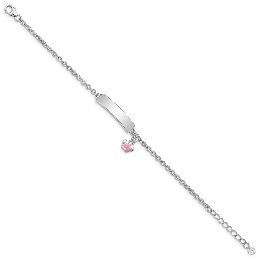7 Zoll Sterlingsilber Rhodiniert Poliert & Rosa Emailliert Krone mit 1 Verlängerung Kinder Id Armband