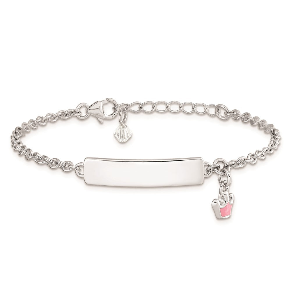 7 Zoll Sterlingsilber Rhodiniert Poliert & Rosa Emailliert Krone mit 1 Verlängerung Kinder Id Armband