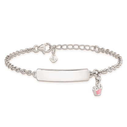 7 Zoll Sterlingsilber Rhodiniert Poliert & Rosa Emailliert Krone mit 1 Verlängerung Kinder Id Armband
