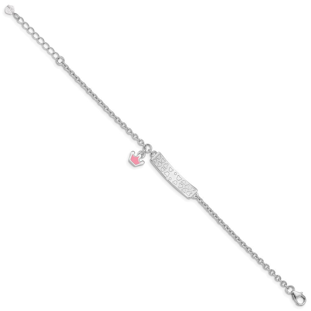 7 Zoll Sterlingsilber Rhodiniert Poliert & Rosa Emailliert Krone mit 1 Verlängerung Kinder Id Armband