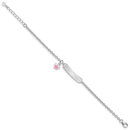 7 Zoll Sterlingsilber Rhodiniert Poliert & Rosa Emailliert Krone mit 1 Verlängerung Kinder Id Armband