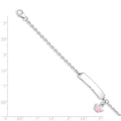7 Zoll Sterlingsilber Rhodiniert Poliert & Rosa Emailliert Krone mit 1 Verlängerung Kinder Id Armband