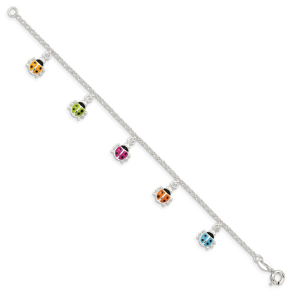 6 Zoll Sterlingsilber Poliert Mehrfarbig Emailliert Ladybugs Kinder Armband