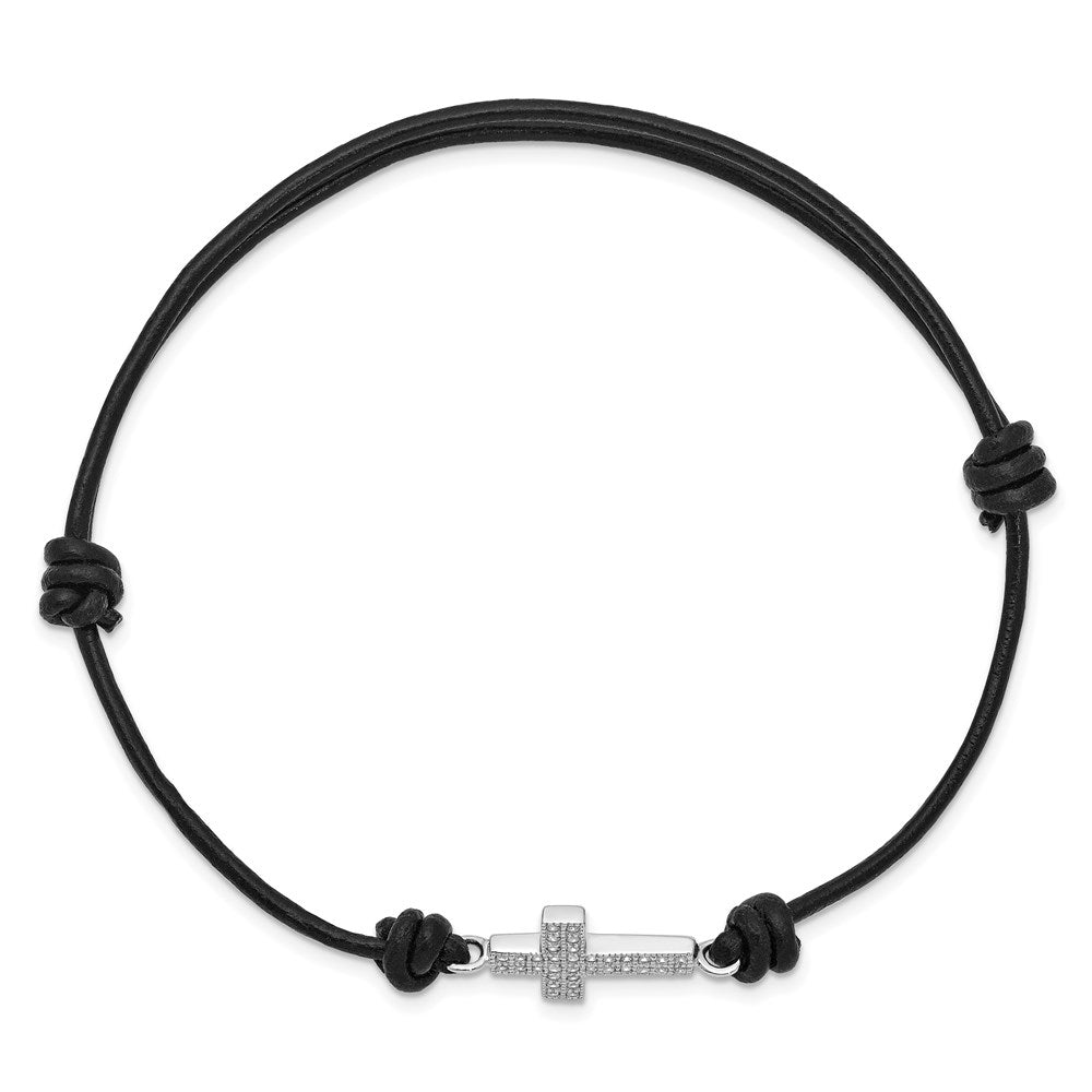 Sterlingsilber Rhodiniert Zirkonia Kreuz Schwarz Leder Verstellbar Armband