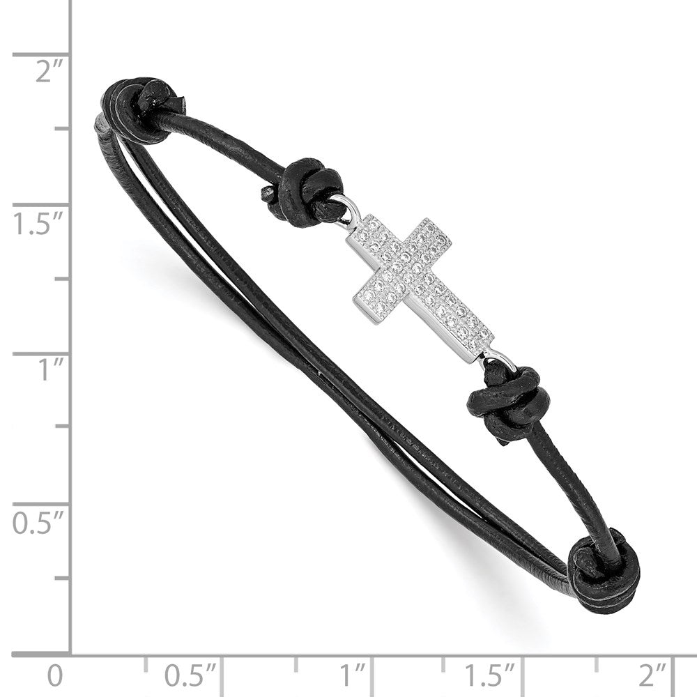 Sterlingsilber Rhodiniert Zirkonia Kreuz Schwarz Leder Verstellbar Armband