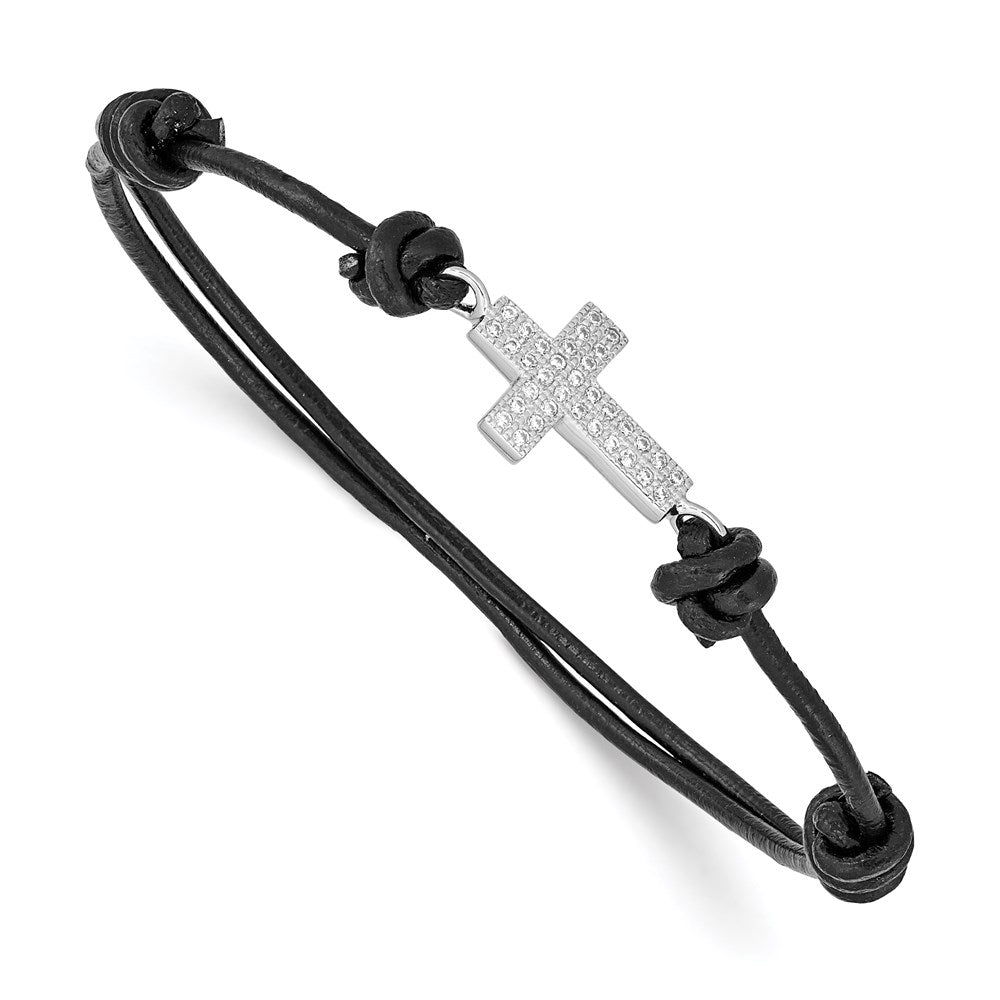 Sterlingsilber Rhodiniert Zirkonia Kreuz Schwarz Leder Verstellbar Armband