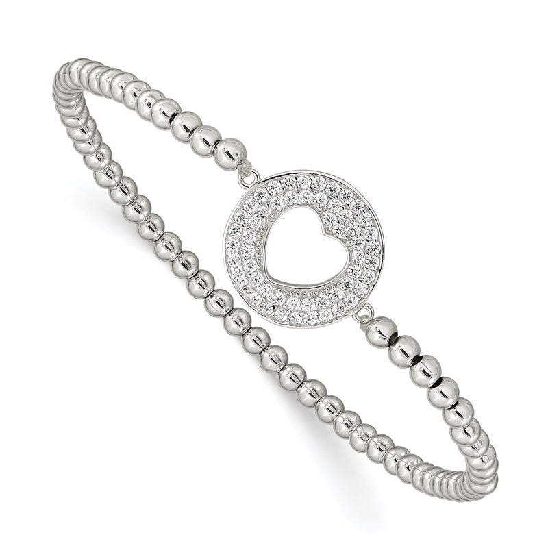 Sterlingsilber Rhodiniert Poliert Gekugelt Zirkonia Herz Punched Kreis Dehnbar Armband