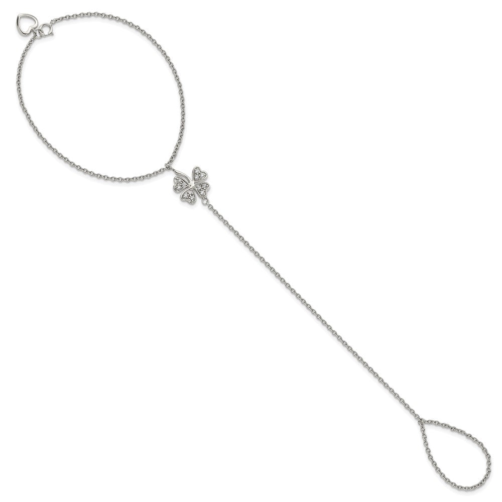 Sterlingsilber Rhodiniert-plat Poliert Zirkonia Vier Blatt Klee Attached Ring/bracelet