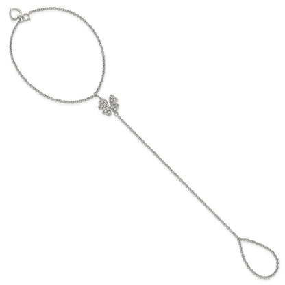 Sterlingsilber Rhodiniert-plat Poliert Zirkonia Vier Blatt Klee Attached Ring/bracelet