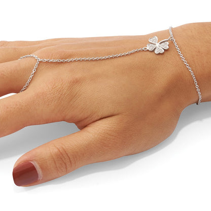 Sterlingsilber Rhodiniert-plat Poliert Zirkonia Vier Blatt Klee Attached Ring/bracelet