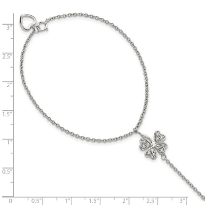 Sterlingsilber Rhodiniert-plat Poliert Zirkonia Vier Blatt Klee Attached Ring/bracelet
