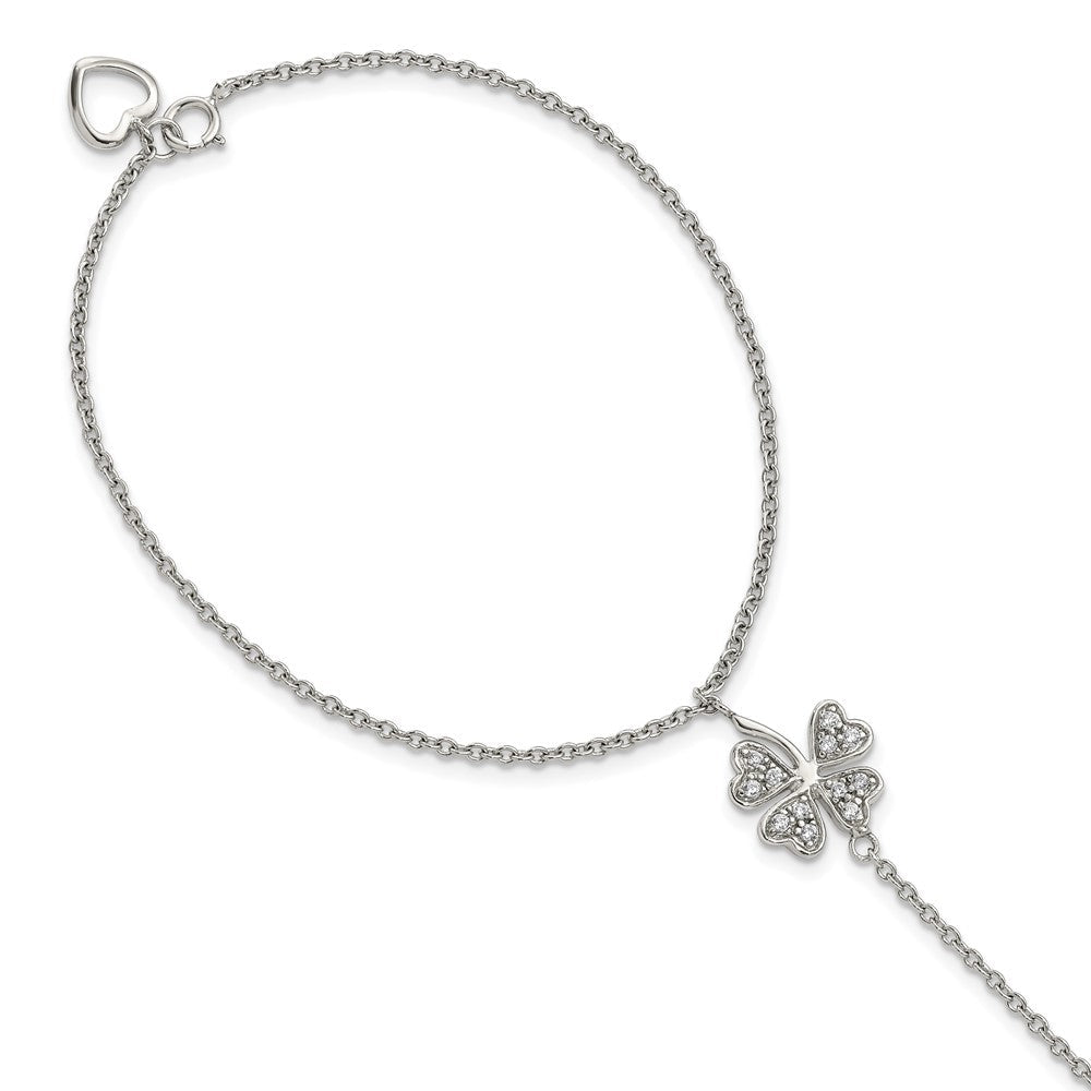 Sterlingsilber Rhodiniert-plat Poliert Zirkonia Vier Blatt Klee Attached Ring/bracelet