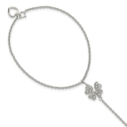 Sterlingsilber Rhodiniert-plat Poliert Zirkonia Vier Blatt Klee Attached Ring/bracelet
