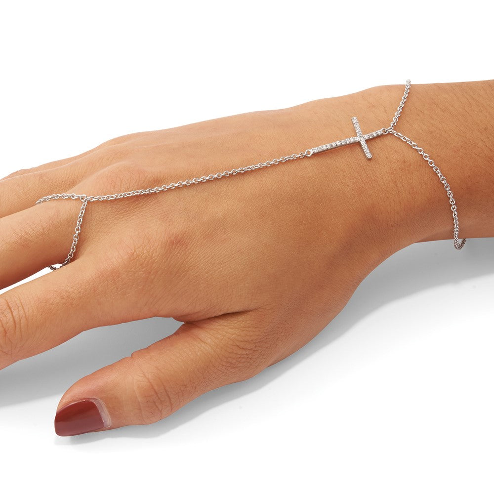 Sterlingsilber Rhodiniert Poliert Zirkonia Kreuz Attached Ring/bracelet