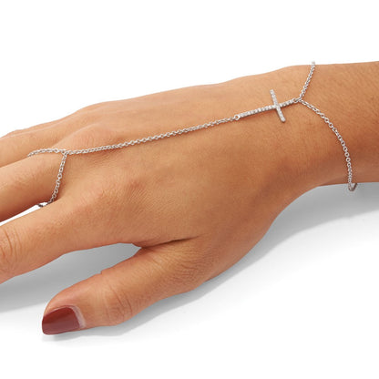 Sterlingsilber Rhodiniert Poliert Zirkonia Kreuz Attached Ring/bracelet