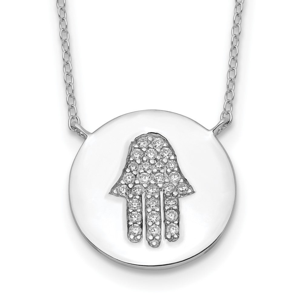 Sterlingsilber Rhodiniert Hamsa mit Zirkonia mit 2 Zoll Verlängerung. Halskette