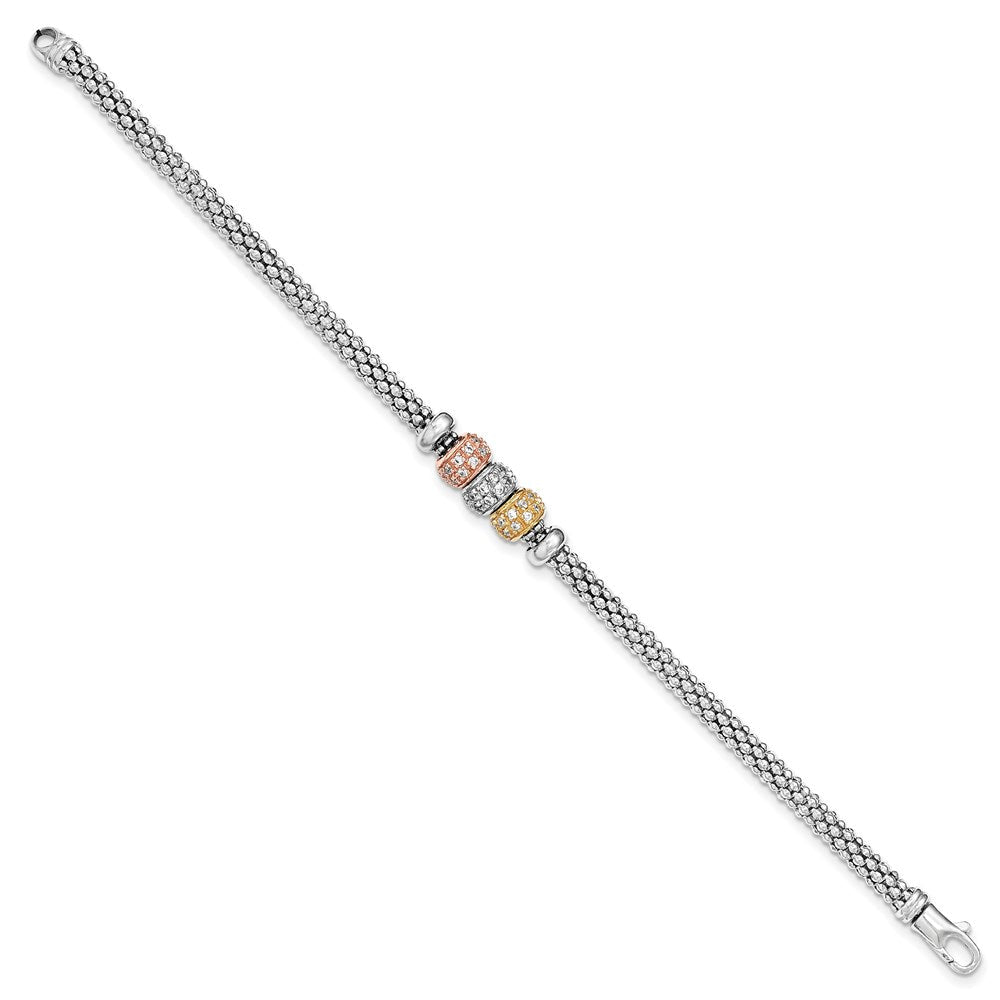 7.5 Zoll Sterlingsilber Rose und Gelb Goldfarben Zirkonia Perlen Netz Armband