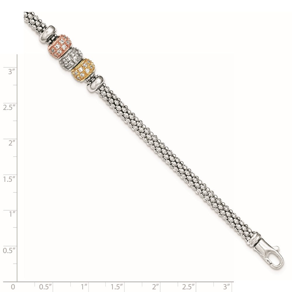 7.5 Zoll Sterlingsilber Rose und Gelb Goldfarben Zirkonia Perlen Netz Armband