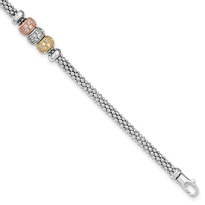 7.5 Zoll Sterlingsilber Rose und Gelb Goldfarben Zirkonia Perlen Netz Armband
