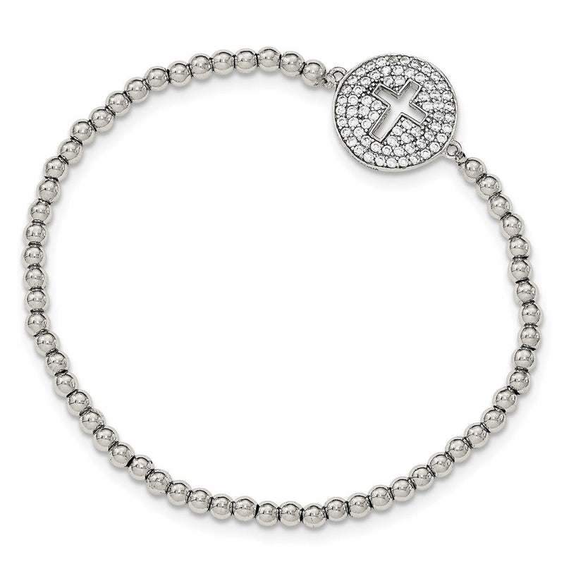 Sterlingsilber Rhodiniert Zirkonia Kreuz Poliert Gekugelt Dehnbar Armband