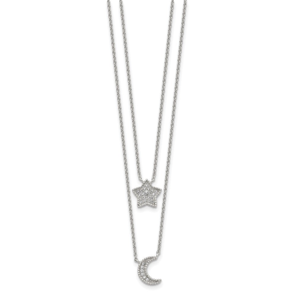 Sterlingsilber Rhodiniert Poliert Zirkonia Mond und Stern Doppelt Strang Halskette
