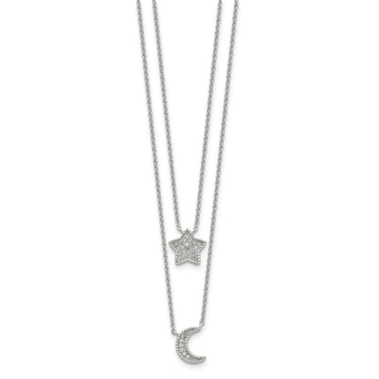 Sterlingsilber Rhodiniert Poliert Zirkonia Mond und Stern Doppelt Strang Halskette