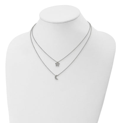 Sterlingsilber Rhodiniert Poliert Zirkonia Mond und Stern Doppelt Strang Halskette