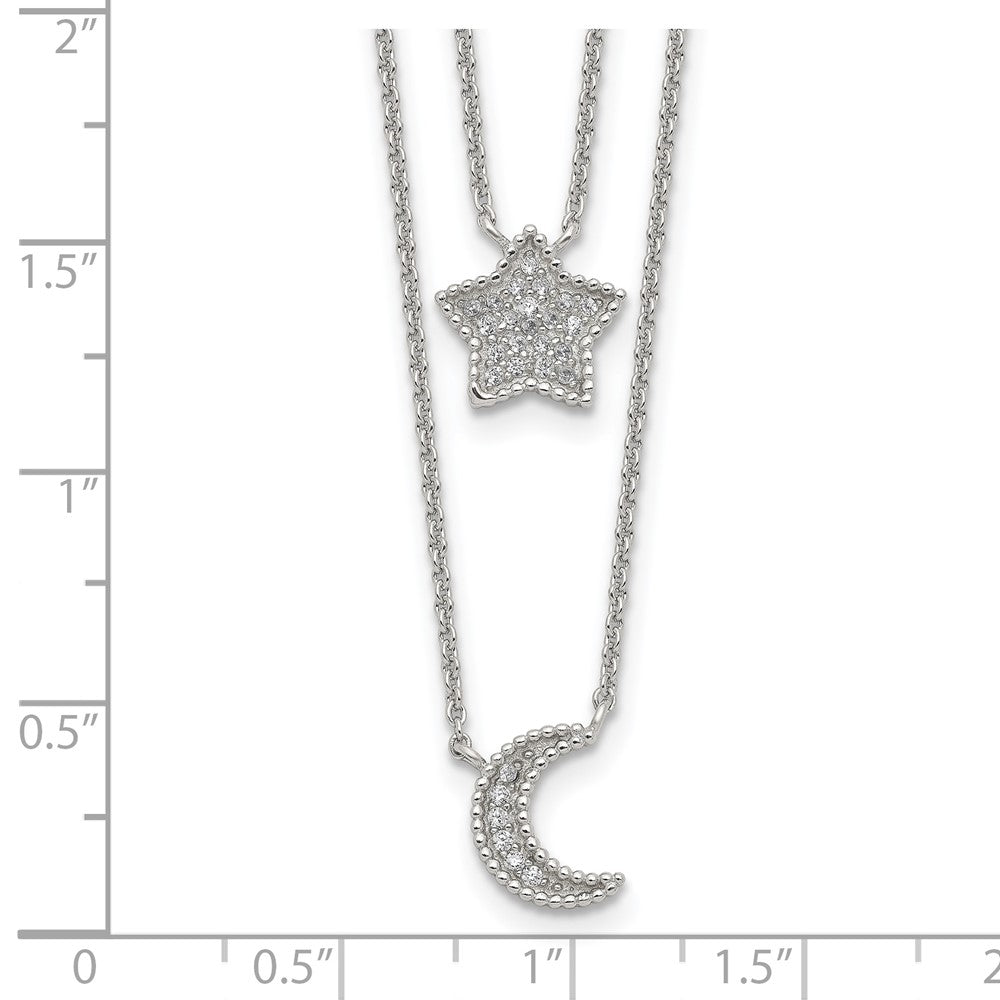 Sterlingsilber Rhodiniert Poliert Zirkonia Mond und Stern Doppelt Strang Halskette