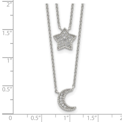 Sterlingsilber Rhodiniert Poliert Zirkonia Mond und Stern Doppelt Strang Halskette