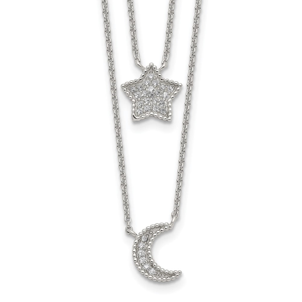 Sterlingsilber Rhodiniert Poliert Zirkonia Mond und Stern Doppelt Strang Halskette