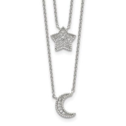 Sterlingsilber Rhodiniert Poliert Zirkonia Mond und Stern Doppelt Strang Halskette