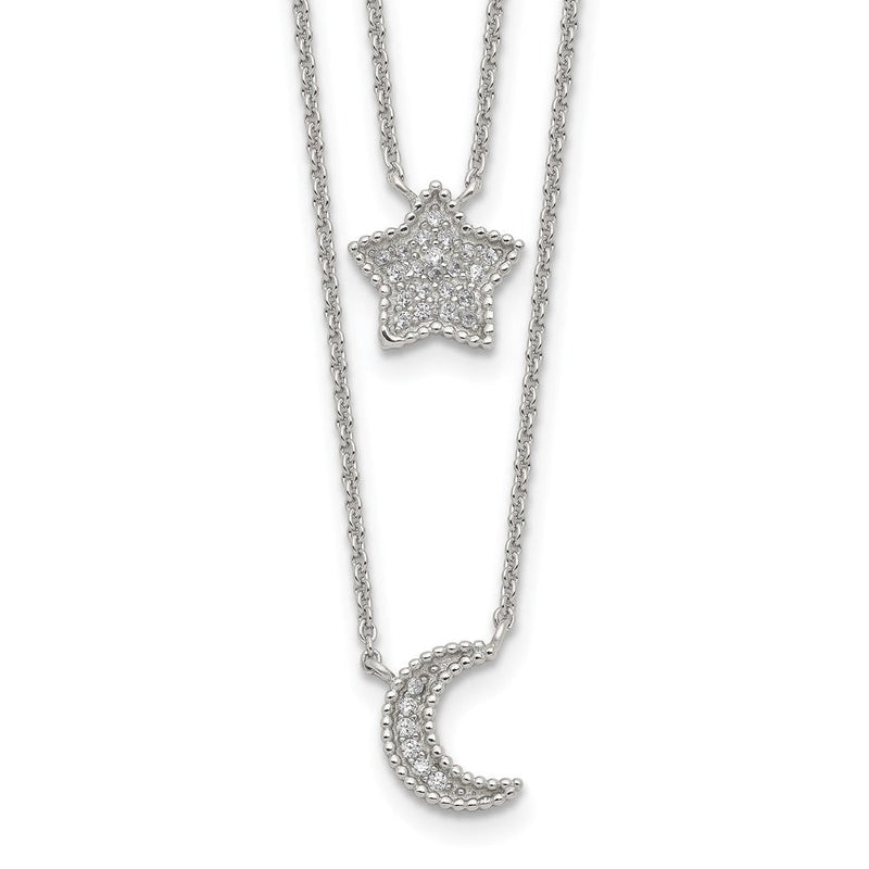 Sterlingsilber Rhodiniert Poliert Zirkonia Mond und Stern Doppelt Strang Halskette