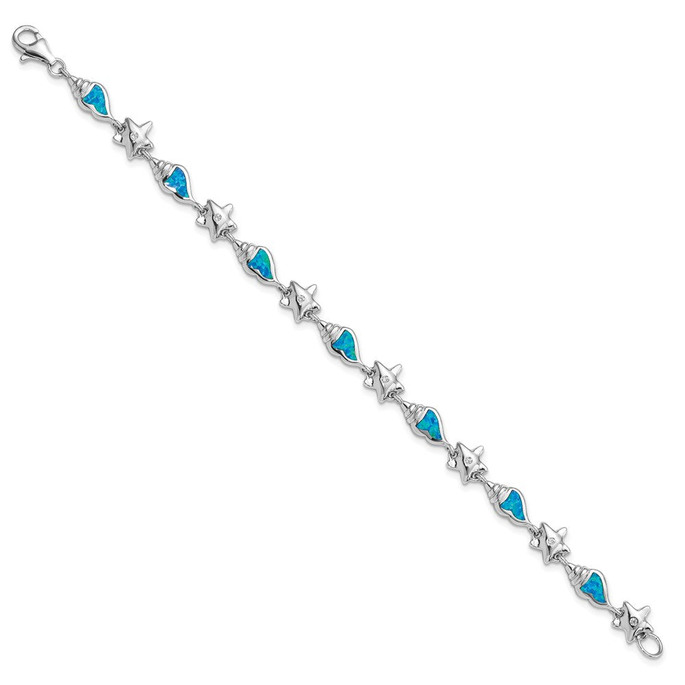 Sterlingsilber Rhodium Seestern Zirkonia und Erzeugt Opal Seashell 7.25 Zoll Armband