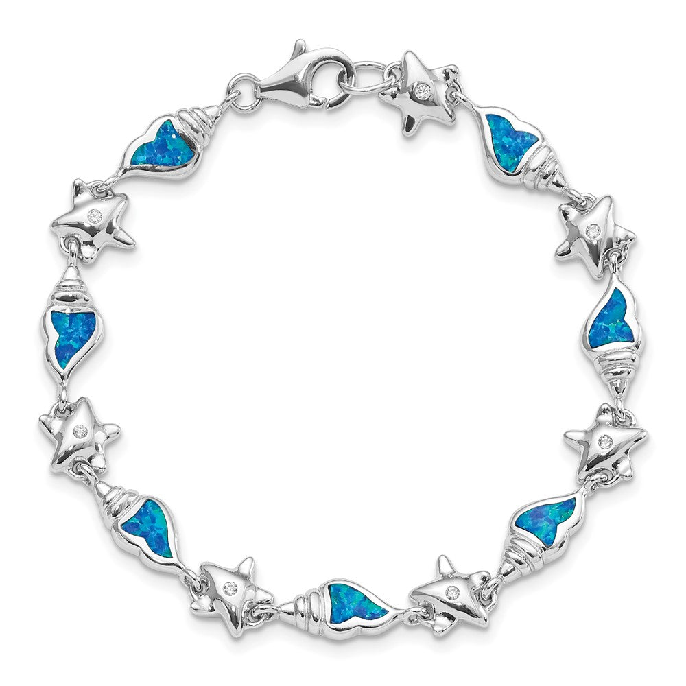 Sterlingsilber Rhodium Seestern Zirkonia und Erzeugt Opal Seashell 7.25 Zoll Armband