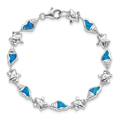 Sterlingsilber Rhodium Seestern Zirkonia und Erzeugt Opal Seashell 7.25 Zoll Armband