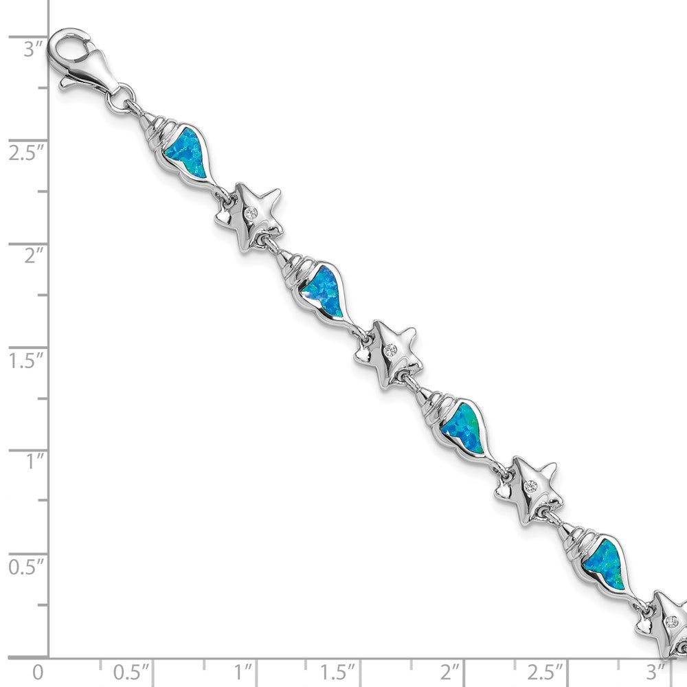 Sterlingsilber Rhodium Seestern Zirkonia und Erzeugt Opal Seashell 7.25 Zoll Armband