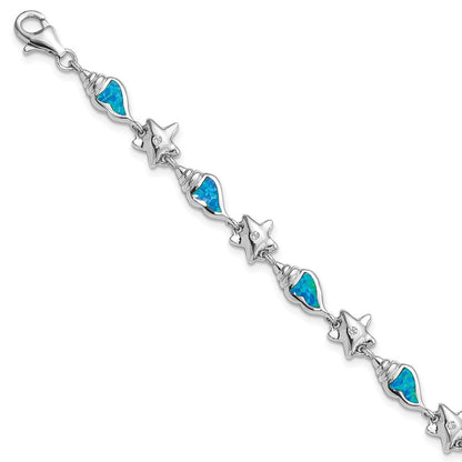 Sterlingsilber Rhodium Seestern Zirkonia und Erzeugt Opal Seashell 7.25 Zoll Armband